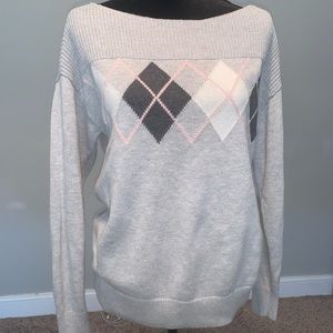 Wide necked grey, pink sweater